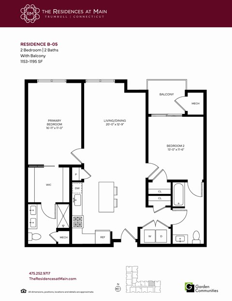 Floor plan for 2 beds, 2 baths, 1195 sqft
